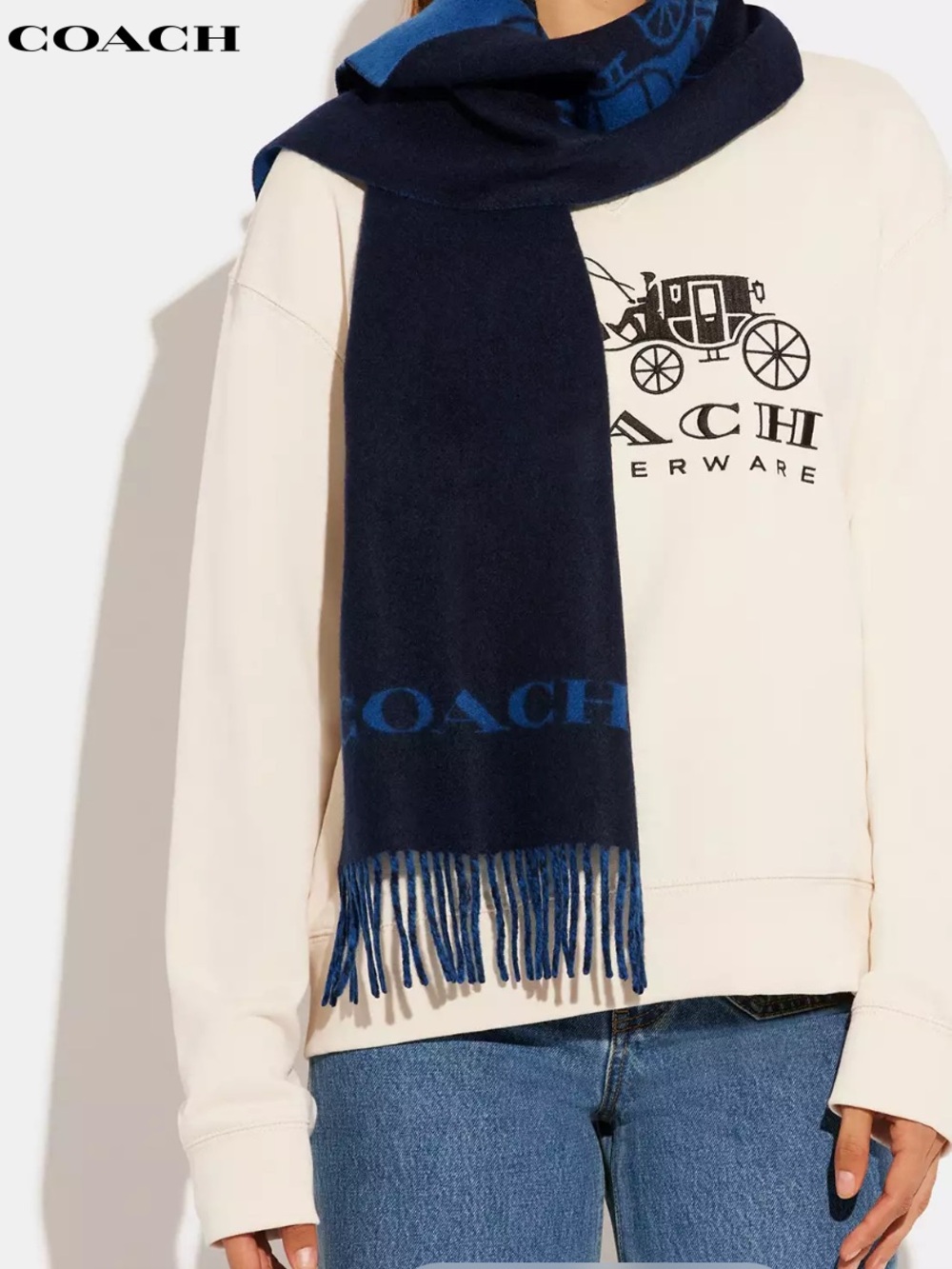 Coach 100% Cashmere Navy and Light Blue Carriage Logo Scarf